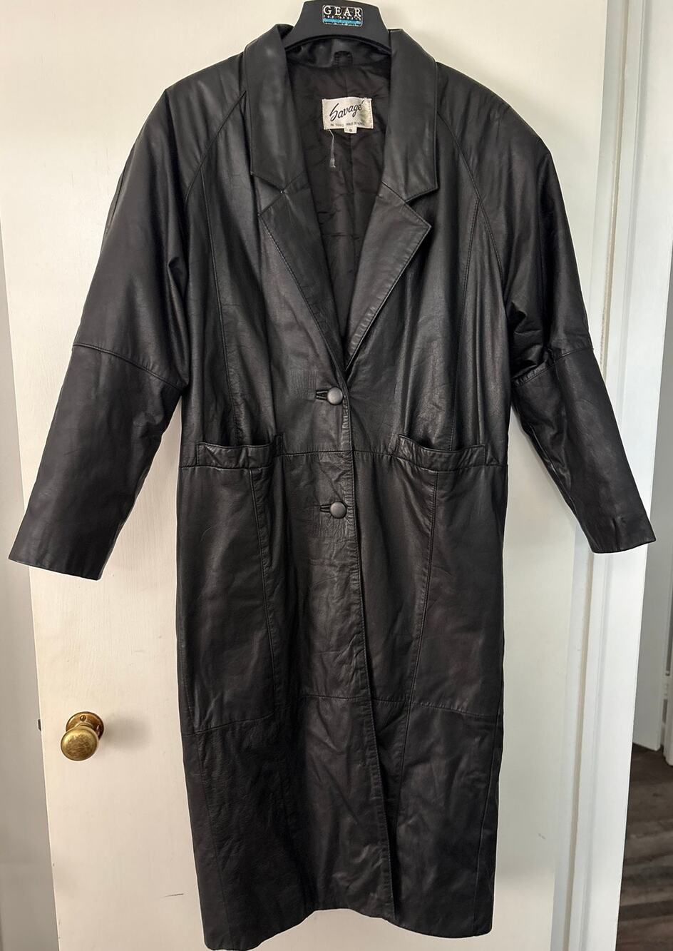 Savage Vintage 90s Black Leather Coat Two Button Longer Length Small Lined